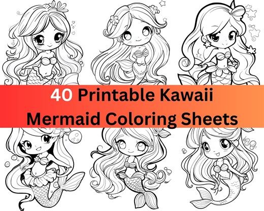 40 Kawaii Mermaid Coloring Pages | Printable Mermaid Party Activity (digital Files) - Etsy