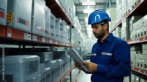 A factory engineer inspects inventory in a well-organized warehouse, using a tablet to monitor workflow and ensure efficient, safe, and compliant operations.