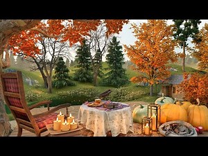 Cozy Porch by the Autumn Pond Ambience with Pumpkins, Candles, Crickets and Falling Leaves