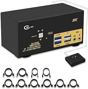 CKLau 2 Port USB 3.0 Triple Monitor KVM Switch HDMI 2.1 8K@60Hz 4K@144Hz with Audio and All Input Cable for 2 Computers 3 Monitors Supports Hotkey Switching