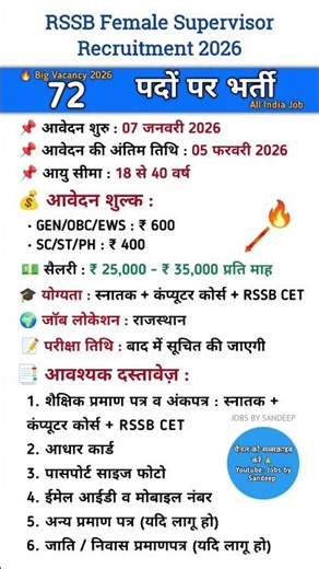RSSB Female Supervisor Recruitment 2026 🔥 72 Post | Salary ₹35,000 | CET Pass Job 😱