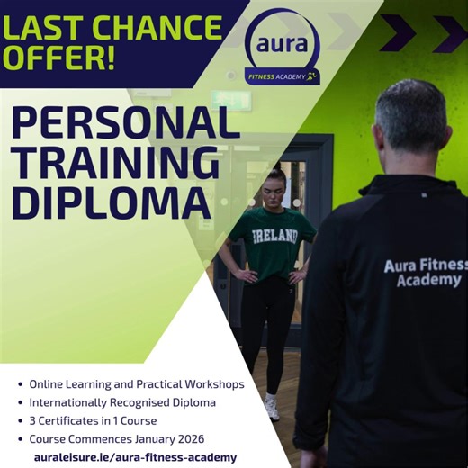 Start the New Year With a New Career With Our Personal Training Diploma Course! 🏋️ Our Course is Set to Start Later This Month and for a Limited Time You Can Get 20% Off by Enrolling Now! 🤯 Once You Complete Our Course Which is 80% Online You'll Receive 3 Fitness Certificates in One! 💪 To Enrol Now or Enquire Head to https://www.auraleisure.ie/aura-fitness-academy/! 📱 #auraleisure #aurafitnessacademy #personaltraining #newyearnewcareer | Aura Grove Island Leisure Centre