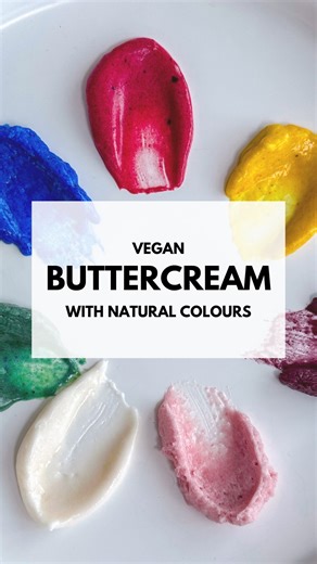 How to make vegan buttercream with natural colours! This was so easy! Whisk 135g vegan homemade butter from my last video with 50g powdered sugar and 1/4 tsp of pure vanilla extract. That’s it! I used: - Beetroot powder for red - Blue spirulina for blue - Turmeric for yellow - Pomegranate powder for pink You can also use: - Blue spirulina turmeric = green - Blue spirulina beetroot powder = purple If you need black, you can grind some black sesame seeds and mix that in too! If you’re using this f