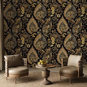 Vintage Paisley Wallpaper: Elegant Black & Gold Floral Wall Mural - Etsy