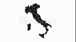Animated map of Italy showing administrative regions. Italy map with black federal states appearing and fading one by one. Detailed political country map with divisions. 4K resolution