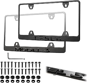 Model 3 Accessory License Plate Stealth Black Powder Coat UV Resistant Rust-Proof Steel Plate Holder - Compatible with Tesla Model3 - 3D RAISED LETTERS w/ MOUNTING HARDWARE (2 Frames! TESLA + MODEL 3)