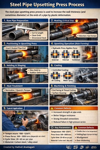 The steel pipe upsetting press process is used to increase the wall thickness (and sometimes diameter) at the ends of a pipe by plastic deformation. This is common in oil gas, drilling pipes, and… | 𝒱𝒶𝒹𝒾𝓋ℯ𝓁 𝒜𝓇𝓊𝓂𝓊ℊ𝒶𝓂