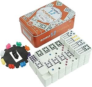 PUREPLAY Double 12 Dominoes Set - Classic Colored Dot Set - Mexcian Train Game, with Plastic Pieces,91 Tiles and Durable in Tin Case for 2-4 Players Ages 8+ Kids and Adults