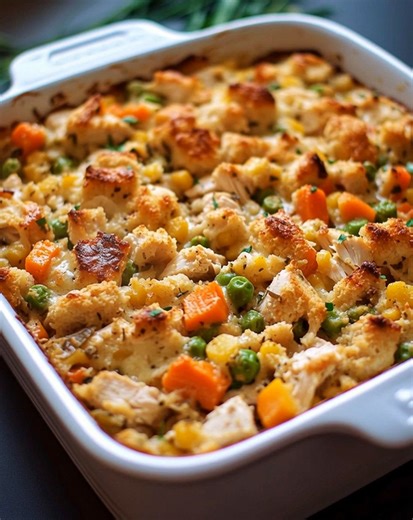 Warning: once you make this Chicken Stuffing Casserole, your family will ask for it every week! 🍗🧀 Read More Looking for a comforting dish that’s packed with flavor? This Chicken Stuffing Casserole with Veggies is the ultimate crowd-pleaser! Ingredients: - 3 cups shredded chicken - 2 cups mixed vegetables (corn, green beans, peas, or broccoli) - 1 can (10.5 oz) cream of chicken or mushroom soup - 1/2 cup sour cream - 1/2 tsp garlic powder - 1/2 tsp onion powder - 1/2 tsp poultry seasoning - 2 