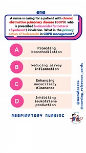 A nurse is caring for a patient with chronic obstructive pulmonary disease (COPD) who is prescribed budesonide/formoterol (Symbicort) inhalation. What is the primary action of budesonide in COPD management? * * * * * * * * #nurses #doctors #nursing #medical #nurseexam #NCLEX #nclexreview #nclexrn #registerednurse #medicaldoctor #medicine #studentlife #exam #exampreparation #nclexprep #nursingstudent #medicalstudent #RN #NMC #NGN #PNLE #NLE #USRN #RN #rnlife #nursinglife #fbreels #fypシ゚ @highligh