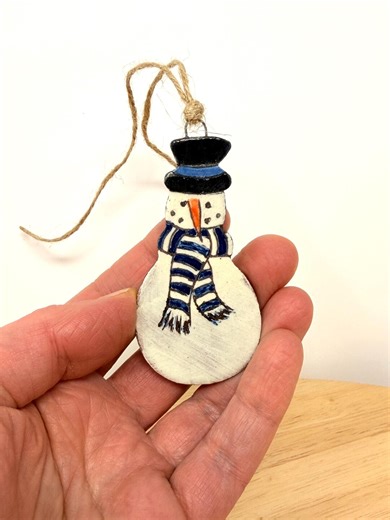 Handmade Ceramic Snowman Christmas Ornament – Rustic Folk Decoration in Blue - Etsy