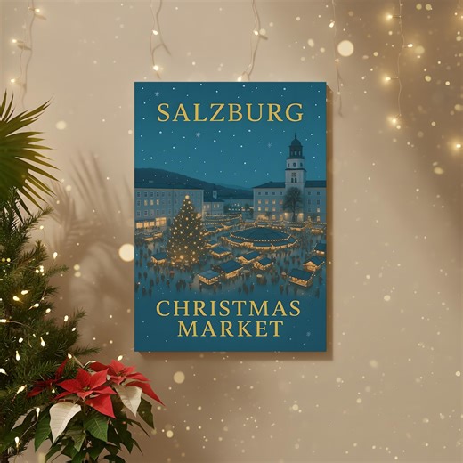 Vintage Salzburg Kerstmarkt Poster – Oostenrijkse reiskunst, sfeervolle vakantiemuurprint, Europese winterdecoratie - Etsy Nederland