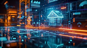 A futuristic virtual reality interface showcasing a sleek virtual screen displaying a real estate concept business platform.