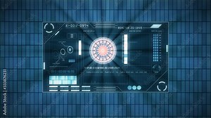 2D HUD display of a reactor control panel, showing reactor status, data, digits, rotating circle bars, equalizer elements all in 3D volumetric lighting. Stock Video