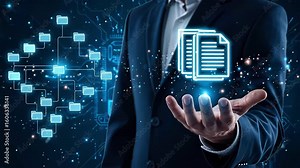 Businessman presenting floating digital documents and a complex network of folder icons in a virtual interface. Concept of data management, digital filing and smart organization