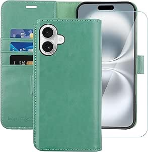 MONASAY Wallet Case Compatible for iPhone 16 5G,[Glass Screen Protector Included] [RFID Blocking] Flip Folio Leather Cell Phone Cover with Credit Card Holder, 6.1-inch, Mint