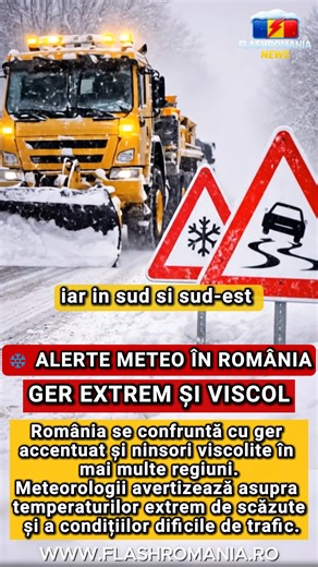 FlashRomaniaNews on Instagram: "❄️ Romania intra sub influenta unui val de ger sever! Temperaturile scad accentuat, iar in sud si sud-est sunt asteptate ninsori viscolite si vant puternic 🌬️🚗 Ai grija la drum si ramai informat cu cele mai noi stiri meteo! #meteo #ger #Ninsoare #viscol #ANM"