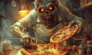 Zombie Chef Making Pizza in Creepy Kitchen with ai generated.
