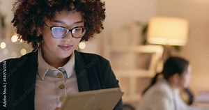 Night, office and business woman on digital tablet for project, inspiration and deadline in coworking space. Overtime, corporate and female employee online for research, idea and creative vision