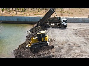 Most Satisfy Processing Land Reclamation Big Prject, Bulldozer Pushes Stone Mix Soil Trimming Land