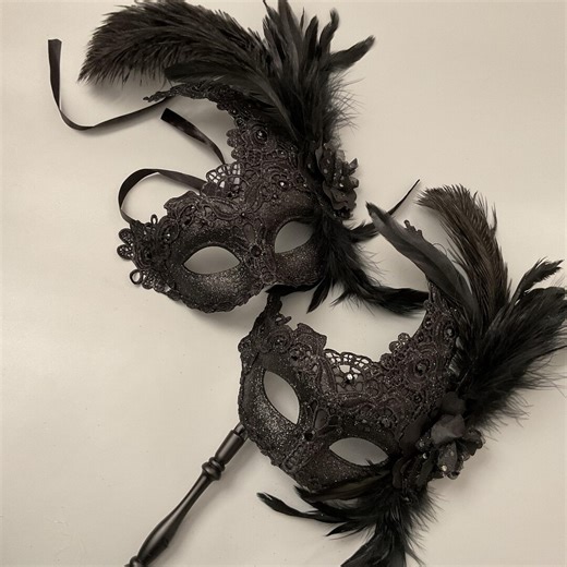 Black Lace Masquerade Feather Mask With Handle Stick for Women Girls Floral Rhinestones Gemstones - Etsy