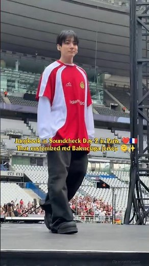 Jungkook for Soundcheck Day 2 in Paris.🇫🇷Looking adorable in a customized red Balenciaga jersey. 🥹✨