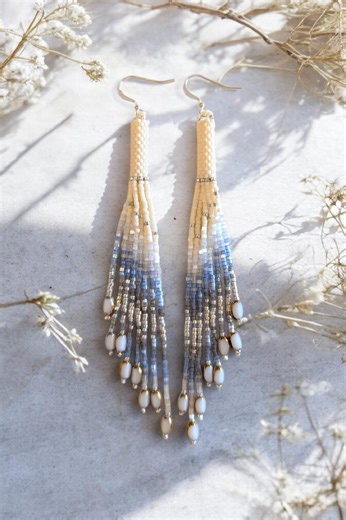 Handmade Blue Frost Beaded Tassel Fringe Earrings: White & Blue Gradient, Silver Accents - Etsy