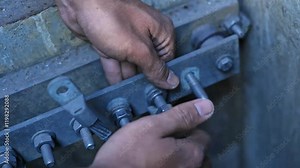 4K video of an electrician using a wrench to tighten bolts on a ground bar in a grounding pit for soil resistance testing. Perfect for technical training and safety videos