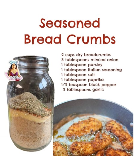 Make your own Seasoned Bread Crumbs 🍞 Great for chicken, seafood and fish breading. Recipe: 2 cups dry breadcrumbs (about 5 slices of breads- sliced in cubes) 3 tablespoons minced onion 1 tablespoon parsley 1 tablespoon Italian seasoning 1 tablespoon salt 1 tablespoon paprika 1/2 teaspoon black pepper 2 tablespoons garlic Steps: Toast the bread in the oven at 325 F (optional). Blends in the food processor. Mix everything and the spices or herbs and store in an airtight jar for about 6 months. U