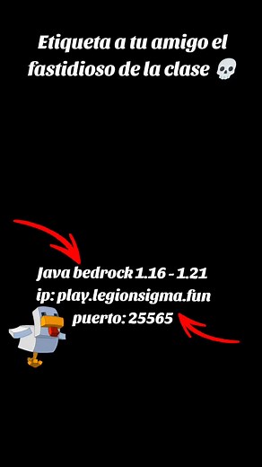 Únete amigo! Nombre: Legión Sigma Ip: play.legionsigma.fun Puerto 25565 Java bedrock 1.16. 5-1.21.X https://discord.com/invite/JEBeSnJjCH 🎁 Cajas OP Gratis 👷🏻 Trabajos 🌎 1200 biomas 🎉 Recompensas ❄️ Estaciones climaticas 🌪️ Catástrofes naturales ☠️ Jefes y mobs OP 🤺 Clanes 🏠 Protecciones 💫 Meteoritos #minecraft #memesminecraft #ipservidoresminecraft #ipserver #java #bedrock #javaedition #javaeditionminecraft #minecraftjava #minecraftjavaedition #bedrockedition #bedrockeditionminecraft #