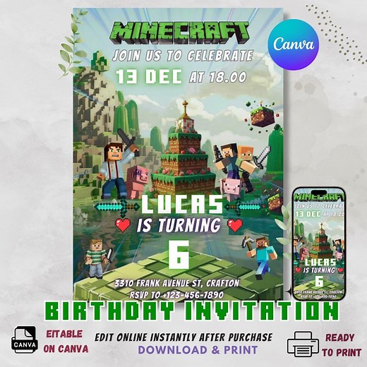 Editable Minecraft Birthday Invitation | Pixel Block Party Invite for Gamers | Crafter Boys Birthday Party| Canva Template - Etsy