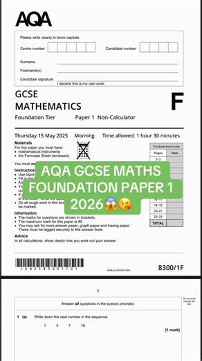 ALL 2025 EXAM PAPERS AVAILABLE (USED FOR MOCKS) on Instagram: "AQA GCSE Foundation Maths Paper 1 2025 #mathsgcse #foundationmaths #gcsemaths #foundationgcsemaths #paper1maths"