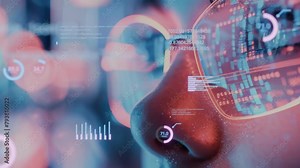 Futuristic Vision, Data technology portrait. Woman with Augmented Reality Interface in computer data center