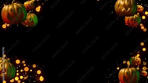 Looped animation of halloween frame with 3D pumpkins and golden particles. 4K footage with alpha channel.