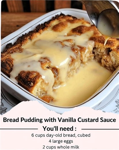 Bread Pudding with Vanilla Custard Sauce Ingredients For the Bread Pudding: 6 cups day-old bread, cubed (French bread or brioche works best) 4 large eggs 2 cups whole milk 1 cup heavy cream 1 cup granulated sugar 1 tsp vanilla extract 1 tsp cinnamon | Soul Recipes