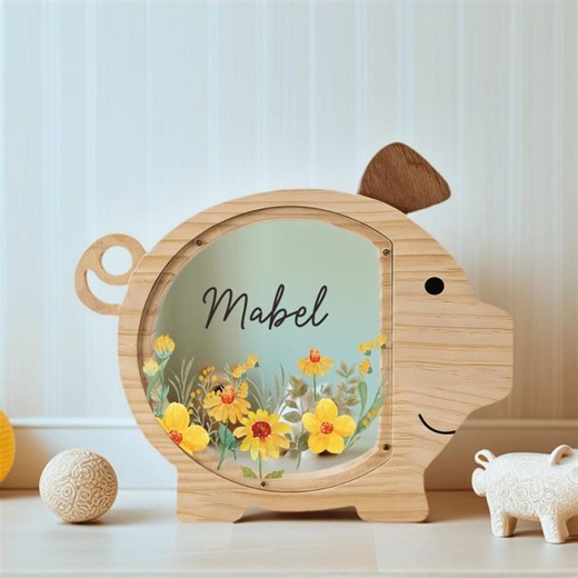 Personalized Piggy Bank With Name, Personalized Wildflower Wooden Piggy Bank for Girls,personalized Wood Piggy Bank,wood Money Box for Kids, - Etsy