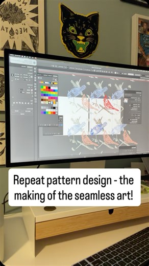 Hoot Design Studio on Instagram: "Pattern design isn’t about filling space. 🦉 It’s about building a visual rhythm that can live, breathe, and repeat without losing its soul. My process always starts with story and structure, not decoration. Before I ever think about repeats, I’m drawing individual motifs by hand - imperfect lines, texture, and personality included. Each element has a purpose. Nothing is filler. From there, I think about movement. A good pattern should guide the eye, not trap it