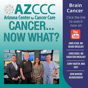 Check out the latest episode of Cancer…Now What? Three incredible physicians unpack the different types of brain cancer, how it is treated and the latest treatment options. Click the link to watch now! https://www.youtube.com/watch?v=Szo_GebWs4I #azccc #cancercare #cancerawareness #cancerhealth #cancertreatment #cancerfighter #radonc #medonc #survivorship #cancerdiagnosis #neurosurgery #meningioma #glioblastoma #vgpccn #honorhealthaz | Arizona Center for Cancer Care | Facebook