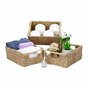 Seagrass Storage Baskets With Wooden Handles - Set of 3 Medium Rectangular Wicker Baskets - Etsy