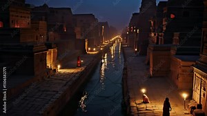 A mysterious Indus Valley city at night. Grid-like streets and brick buildings are illuminated by oil lamps, their flickering light reflecting in a network of sophisticated drainage channels, a