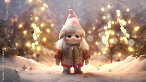 The winter elf stands in the illuminated forest. Animated snow and lights. Loop animation. One minute.