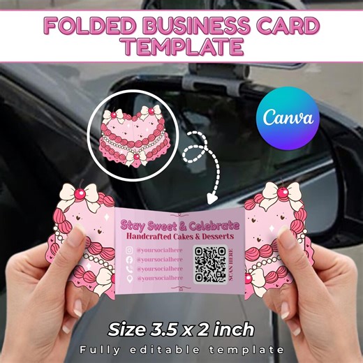 Cake Shaped Business Card Template, Editable Folded Business Card Design for Bakery, Printable Trendy Business Card, Canva QR Code Card - Etsy