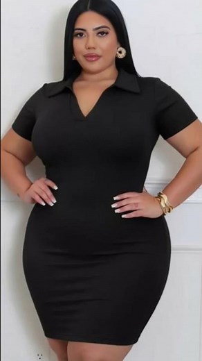 Plus Size Black Ribbed Polo Collar Bodycon Mini Dress | Sleek Curvy Everyday Look 🖤✨