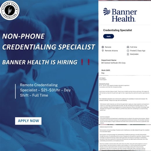 Credentialing Specialist 📌 Banner Health is HIRING ❗❗ 📍 Remote (AZ & CO Preferred) 💼 Full Time 💰 $21.01–$31.51/hr 📩 Apply Here: https://bannerhealth.wd108.myworkdayjobs.com/Careers/job/Remote-Arizona/Credentialing-Specialist_R4424484?rx_campaign=Linkedin1&rx_ch=connector&rx_group=366357&rx_id=41f86f22-b5af-11f0-b5cb-f360bd3fb7e0&rx_job=R4424484&rx_medium=post&rx_r=none&rx_source=Linkedin&rx_ts=20251120T061244Z&rx_vp=slots&source=BannerAT65&rx_viewer=33691fd1b4d011f0ac7a59efac57702dcb2a6d598