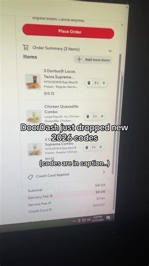 🎆 New Year DoorDash Codes to Try 🎆 1️⃣ 🎉 45% Off — NYEATS45 This one sometimes takes a big chunk off. Not guaranteed, but it’s usually the first one I test. 2️⃣ 🥂 $500 DoorDash Credit — one-time ⭐️ Found this on CuponFood.com. They also explain how the credit works. 3️⃣ ❄️ 25% Off — RESET25 Can be around 25% off for some users. Kind of random. 4️⃣ 🎆 35% Off — MIDNIGHT35 Meant to take off about 35%. Some accounts get it, some don’t. 💾 Save for later 🔄 Share with whoever’s handling food #pr