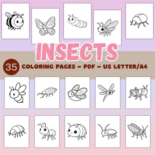 Insects Coloring Pages for Kids, Cute Bug Coloring Book Printable PDF, Bee Butterfly Ant Coloring, 35 Pages A4 US Letter - Etsy