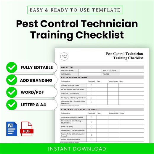 Pest Control Technician Training Checklist Template - Word & PDF, A4   US Letter - Etsy