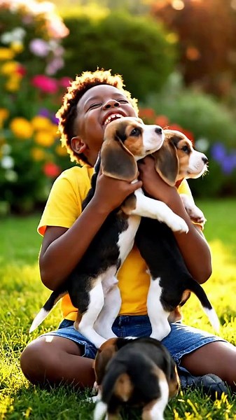 A little boy playing with his pet dogs