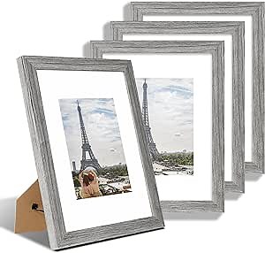 9x12 Picture Frame Set of 4, Made of Glass and Grey Wooden Frame - Display Picture 6x8 with Mat or 9 x 12 Without Mat, 9 by 12 Photo for Wall or Tabletop
