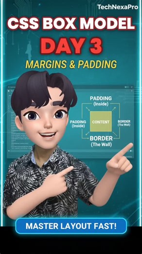 TechNexaPro on Instagram: "CSS Day-3: Ditch the Messy Layouts! Mastering the BOX MODEL is key! Every element on a website is a box. For professional spacing and clean design, understanding the Box Model is a must! Today we focus on two crucial spacing concepts: 1. *Padding:* Space inside the box. 2. *Margin:* Space outside the box. #technology #reels #viral #trending #explore"